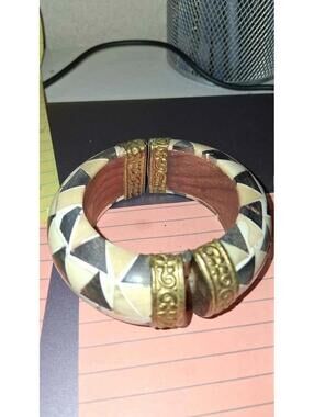 Vintage India made bone, brass and wood bangle